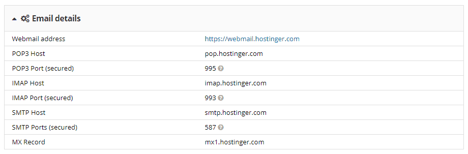 Thông tin cấu hình email của hostinger