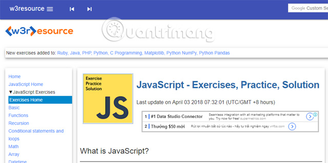 Trang web w3resource JavaScript Exercises 