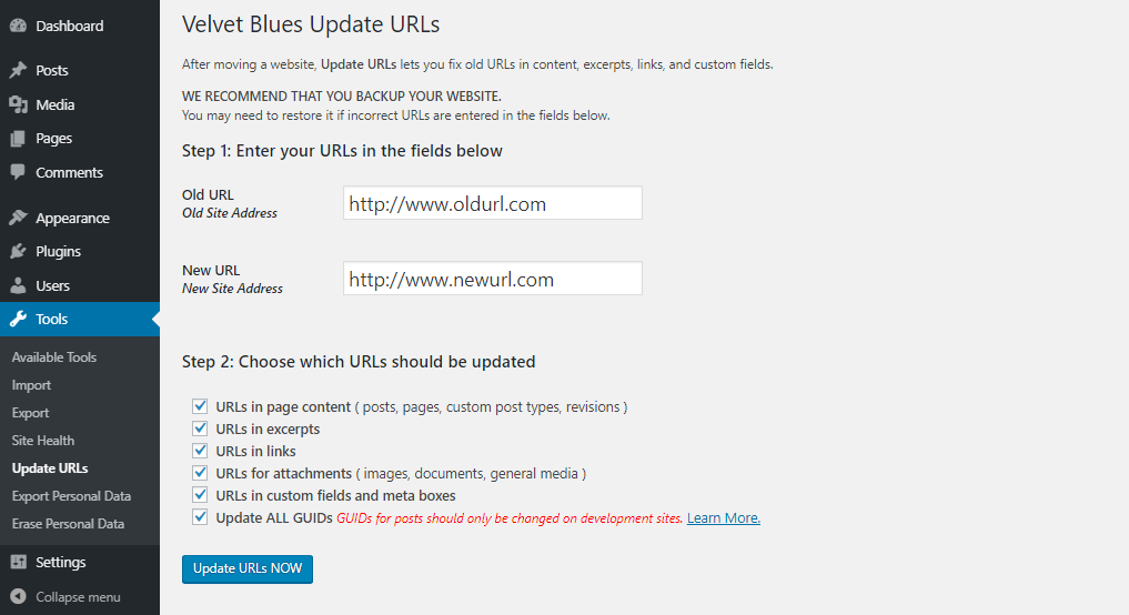 cập nhật WordPress URLs bằng nút Update URLs plugin