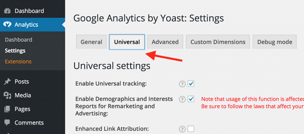 Tùy chọn trong Tab Universal theo hướng dẫn để cài đặt Google Analytics 