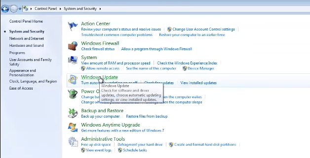 Bấm vào Windows update để nâng cấp windows 7 lên windows 11