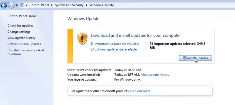 Nhấp vào nút Install Updates để cài đặt windows